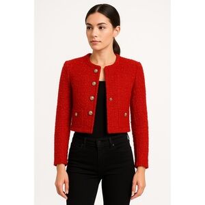 Earl Rutenberg Womens Red Textured Button Detail Cropped Tweed Jacket Size XS